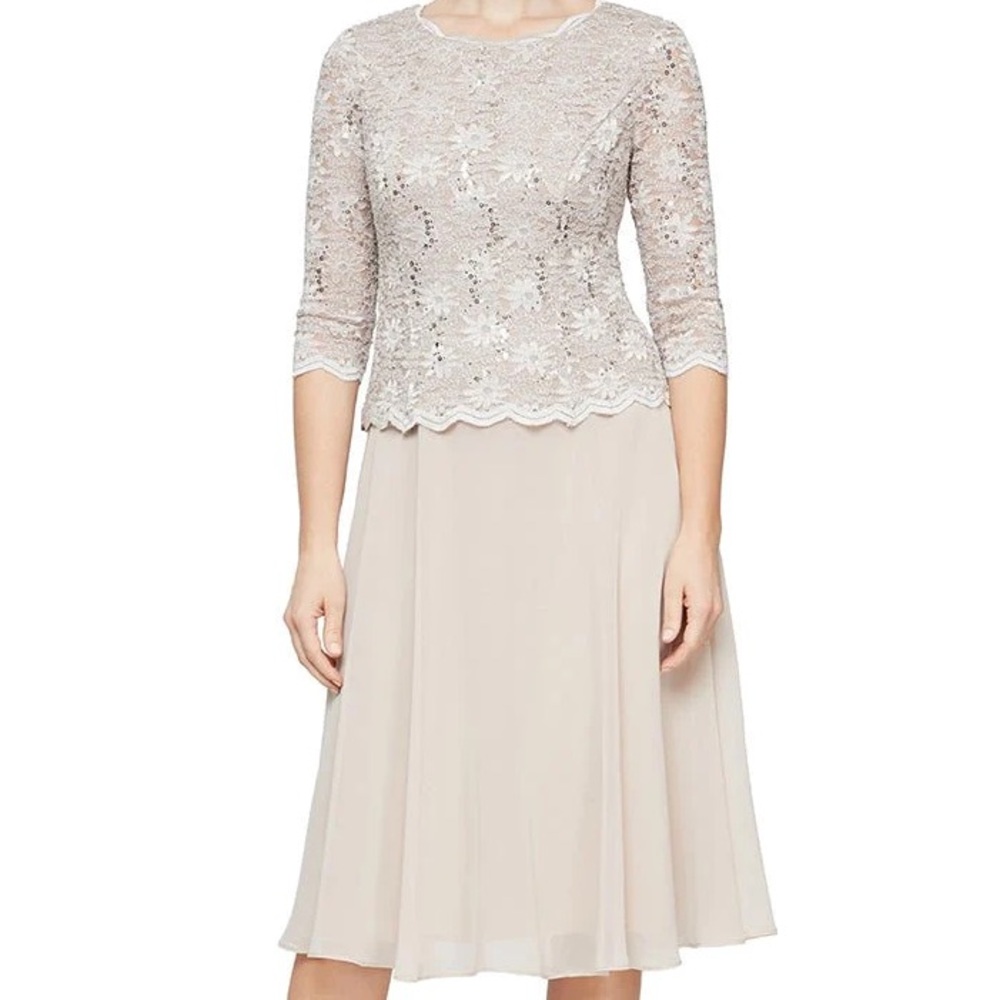 Alex Evenings Sz 14 Tea Length Dress Sequins Lace Chiffon Skirt in Taupe Beige
